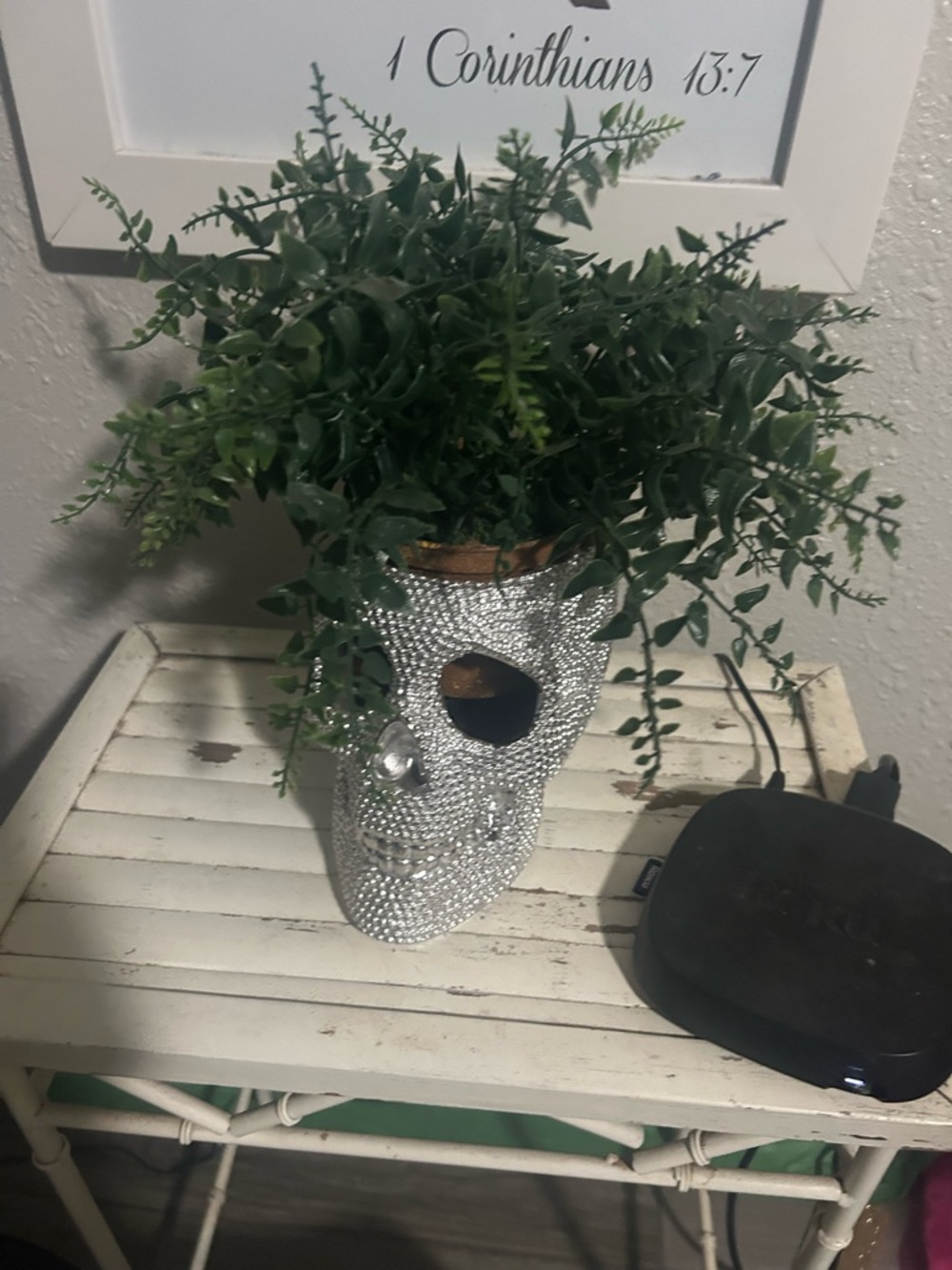 Crystal Skull Planter with Greenery - Silver